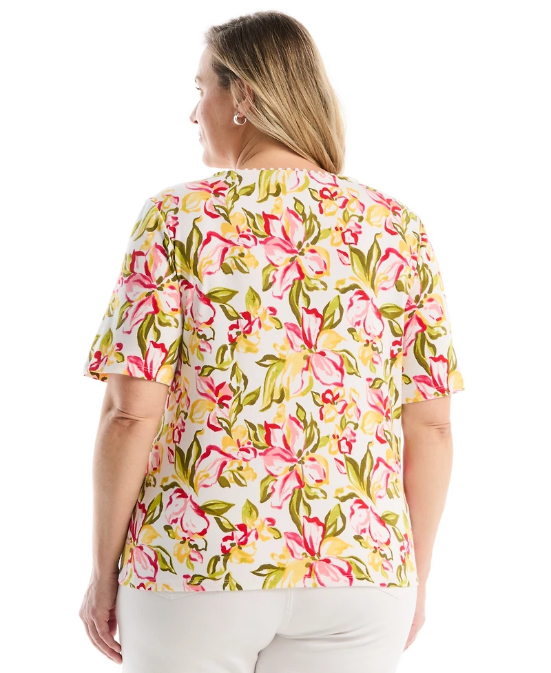 Rafaella Plus Petal Print Pom Trim Detail Short-Sleeve Top