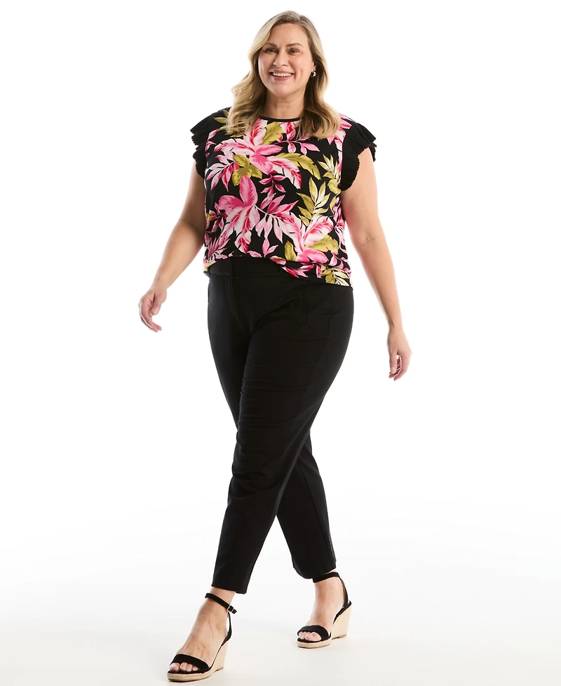 Rafaella Plus Tropical Print Ruffle Cap-Sleeve Top