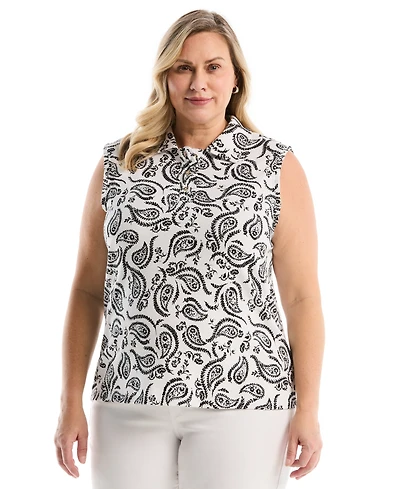 Rafaella Plus Paisley Print Ruffle Trim Sleeveless Polo Shirt