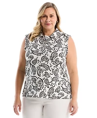 Rafaella Plus Paisley Print Ruffle Trim Sleeveless Polo Shirt