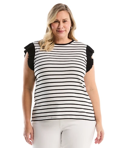 Rafaella Plus Striped Ruffle Cap-Sleeve Top