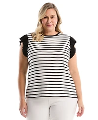 Rafaella Plus Striped Ruffle Cap-Sleeve Top