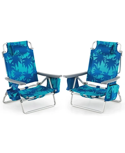 Gymax 2 Pieces Beach Chair 5-Position Outdoor Reclining Chairs w/ Head Pillow and Storage Bag
