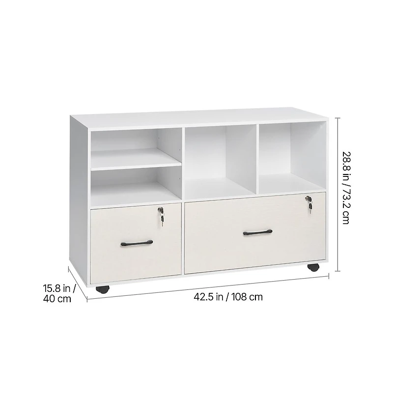 Sugift 2 Drawer Wooden File Cabinet Mobile Filing Cabinet with Open Shelves Lockable Lateral