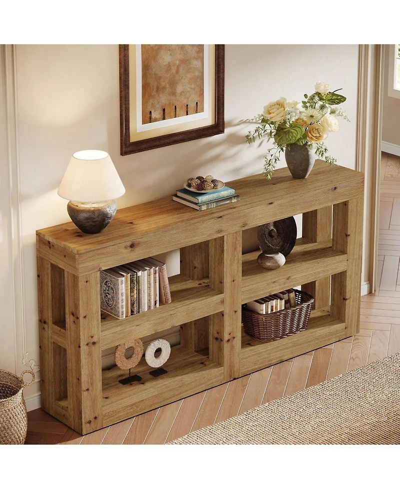 Tribesigns Solid Wood Console Table with Storage, 63" Entryway Table with 4 Cubes, Farmhouse 3-Tier Console