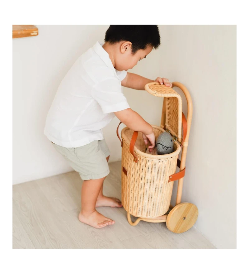 Momiji Eric Handcrafted Rattan Shopping Trolley with detachable Tote Bag and Wooden Wheels - Wicker