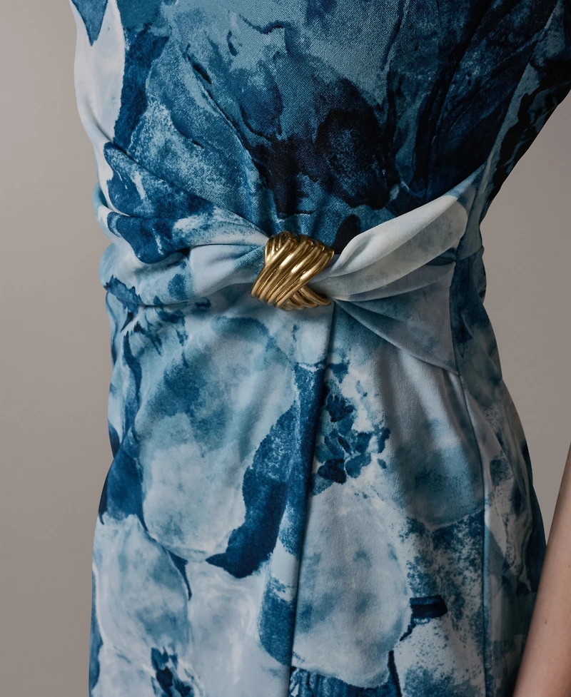 Donna Karan New York Women's Crewneck Sheath Ribbed Knot Sleeveless Midi Dress