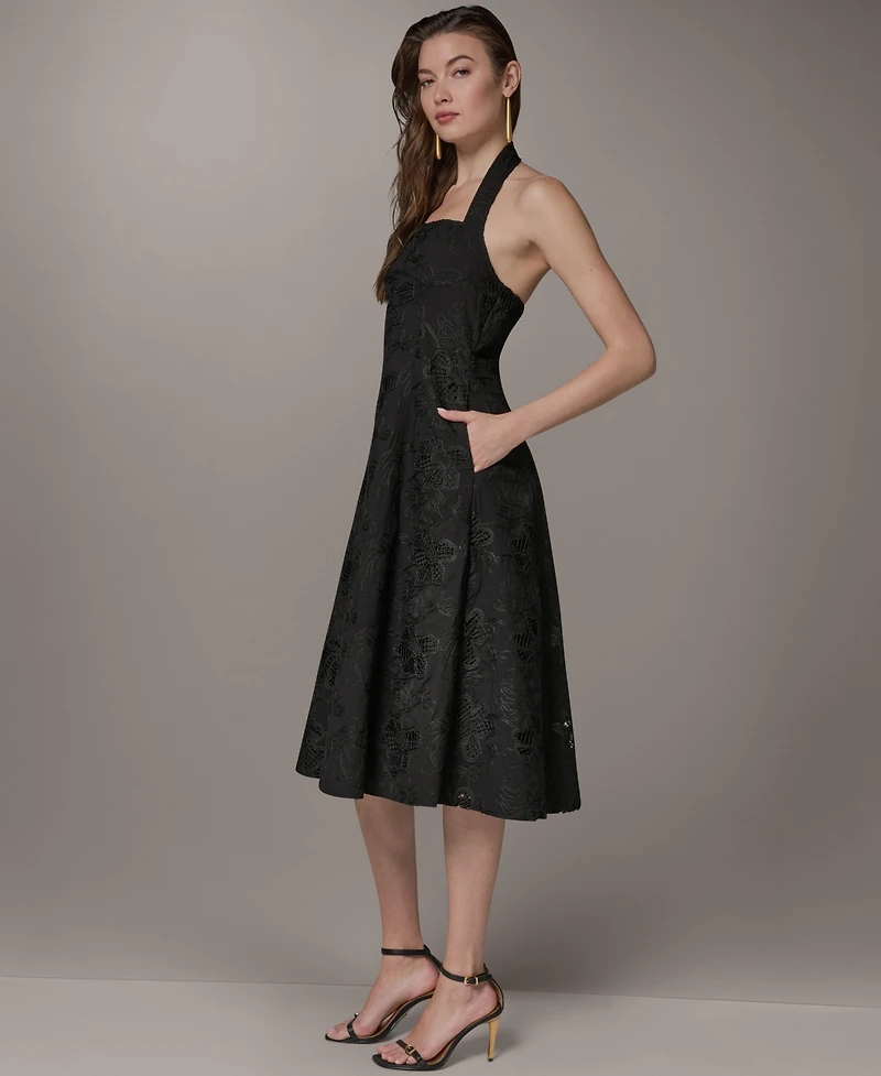 Donna Karan New York Women's Halter Fit & Flare Sleeveless Embroidered Midi Dress