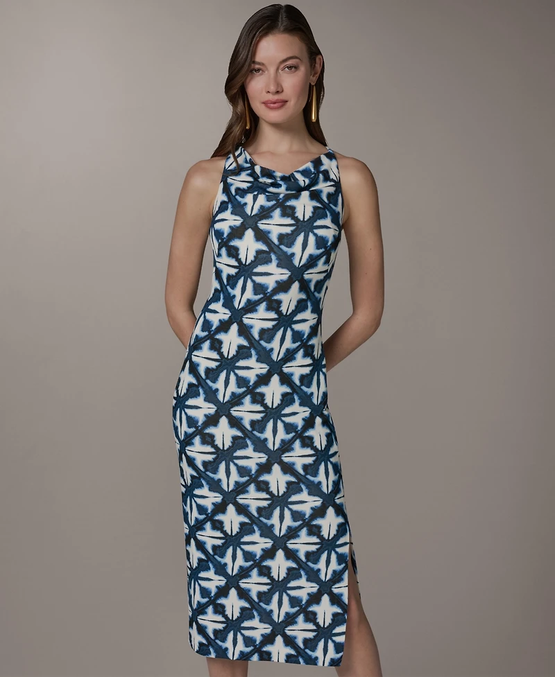 Donna Karan New York Women's Cowl Neck Sheath Sleeveless Printed Midi Dress