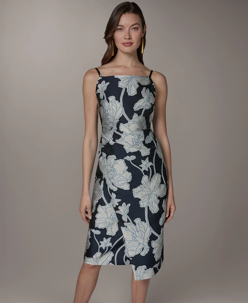 Donna Karan New York Women's Halter Jacquard Sheath Floral Sleeveless Midi Dress