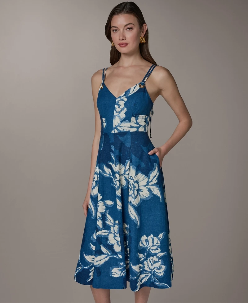 Donna Karan New York Women's V-Neck Linen Blend Fit & Flare Sleeveless Midi Dress