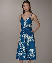 Donna Karan New York Women's V-Neck Linen Blend Fit & Flare Sleeveless Midi Dress