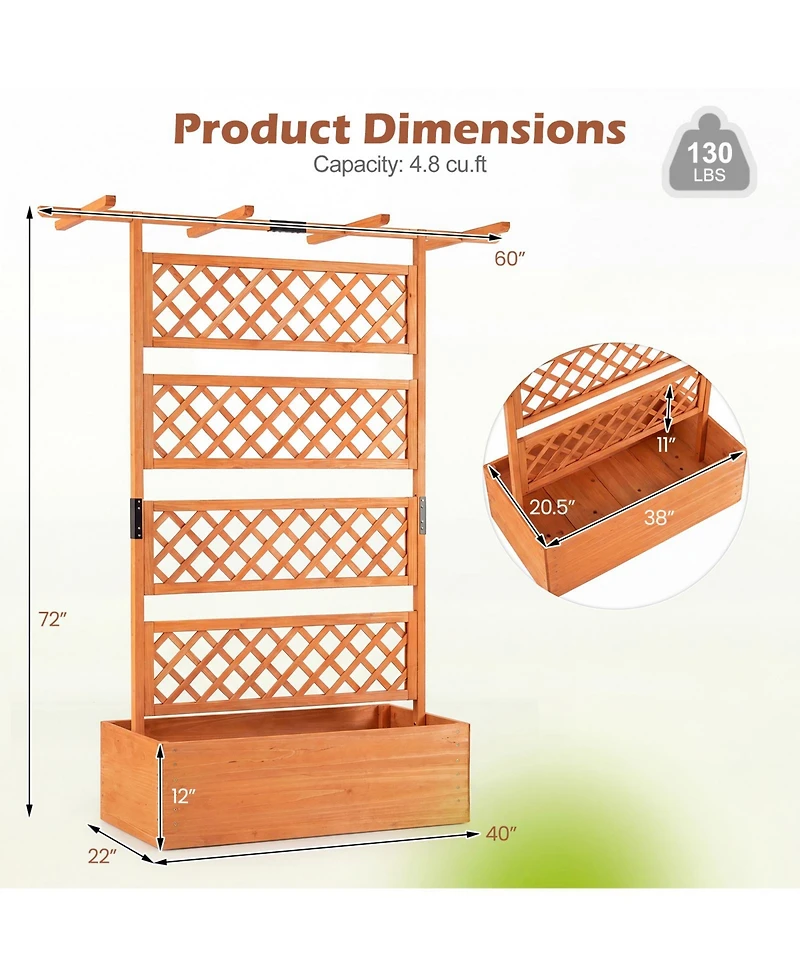 Gymax Wooden Planter Box w/Lattice Trellis Flat Roof Drainage for Climbing Plant