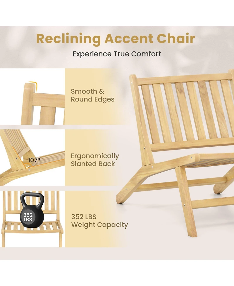 Sugift Teak Wood Outdoor Reclining Accent Chair with Ergonomic Backrest