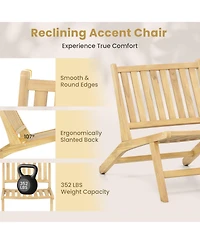 Sugift Teak Wood Outdoor Reclining Accent Chair with Ergonomic Backrest