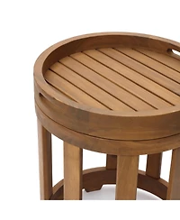 LuxenHome Acacia Outdoor Drum Side Table, Round Patio Table with Removable Tray Top and Oil Finish