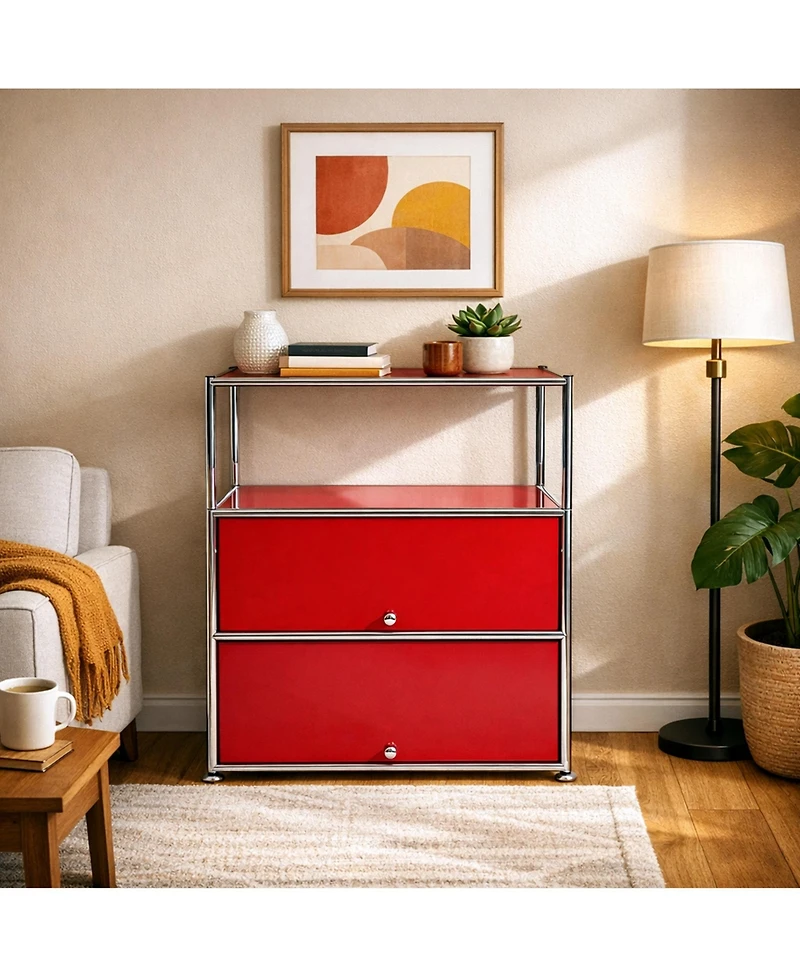 4-Tier Modular Metal Storage Cabinet, Modern Accent Sideboard with Doors and Open Shelves for Home & Office, Red