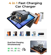 Lisen 4-in-1 Retractable Car Charger with Led Ambient Light, 75W Fast Charging Usb-c Car Adapter with Built-in Cables for iPhone and Android