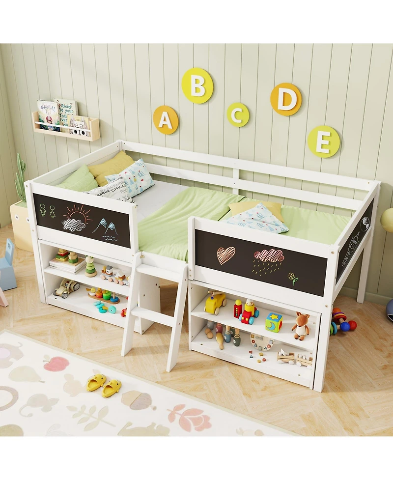 Gouun Twin Size Kids Low Loft Bed with Chalkboard, Ramp Ladder and Bookcases