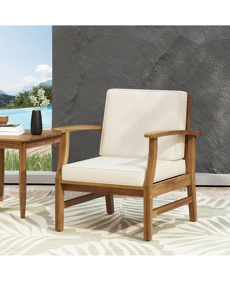 Rainsken Outdoor Accent Chair, Acacia Wood Patio Chair with Thick Cushions and Slat Panel Design, Weather Resistance for Backyard Poolside