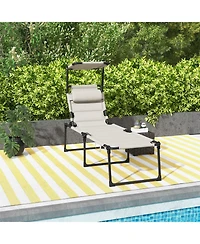 ECHTPeak Outdoor Lounge Chair, Adjustable Backrest Folding Chaise Lounge, Cushioned Tanning Chair w/Sunshade Roof and Pillow Headrest