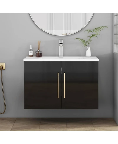 Sillysis Wall Mounted Bathroom Vanity with Sink, Double Doors, Soft Close Hinges, Modern Glossy Cabinet for Small Spaces