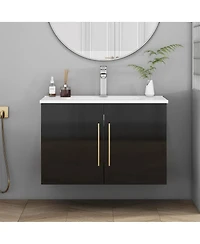 Sillysis Wall Mounted Bathroom Vanity with Sink, Double Doors, Soft Close Hinges, Modern Glossy Cabinet for Small Spaces
