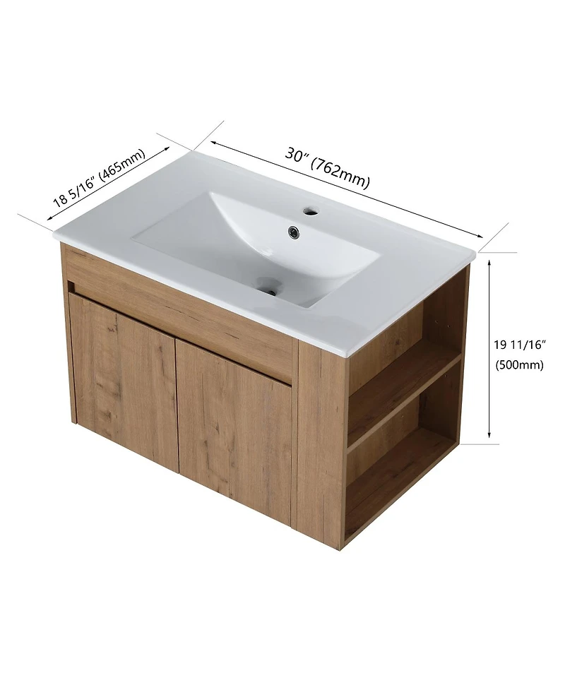 Sillysis 30 Inch Wall Mounted Bathroom Vanity with Black Ceramic Sink, Adjustable Shelf, Modern Plywood Cabinet for Small Spaces