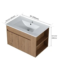 Sillysis 30 Inch Wall Mounted Bathroom Vanity with Black Ceramic Sink, Adjustable Shelf, Modern Plywood Cabinet for Small Spaces