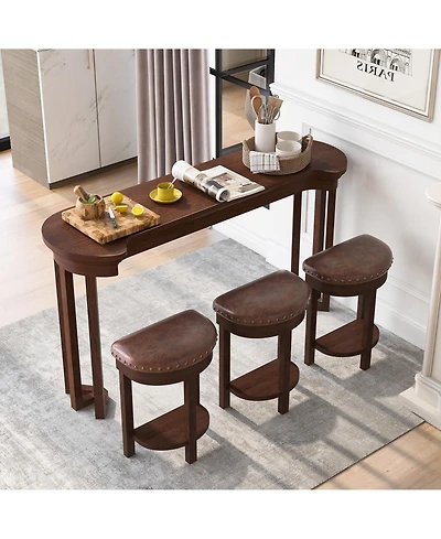 Rainsken 60'' Bar Table and Chairs Set - with 3 Pu Upholstered Stools, Solid Wood Counter Height Dining for Living Room