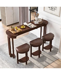 Rainsken 60'' Bar Table and Chairs Set - with 3 Pu Upholstered Stools, Solid Wood Counter Height Dining for Living Room