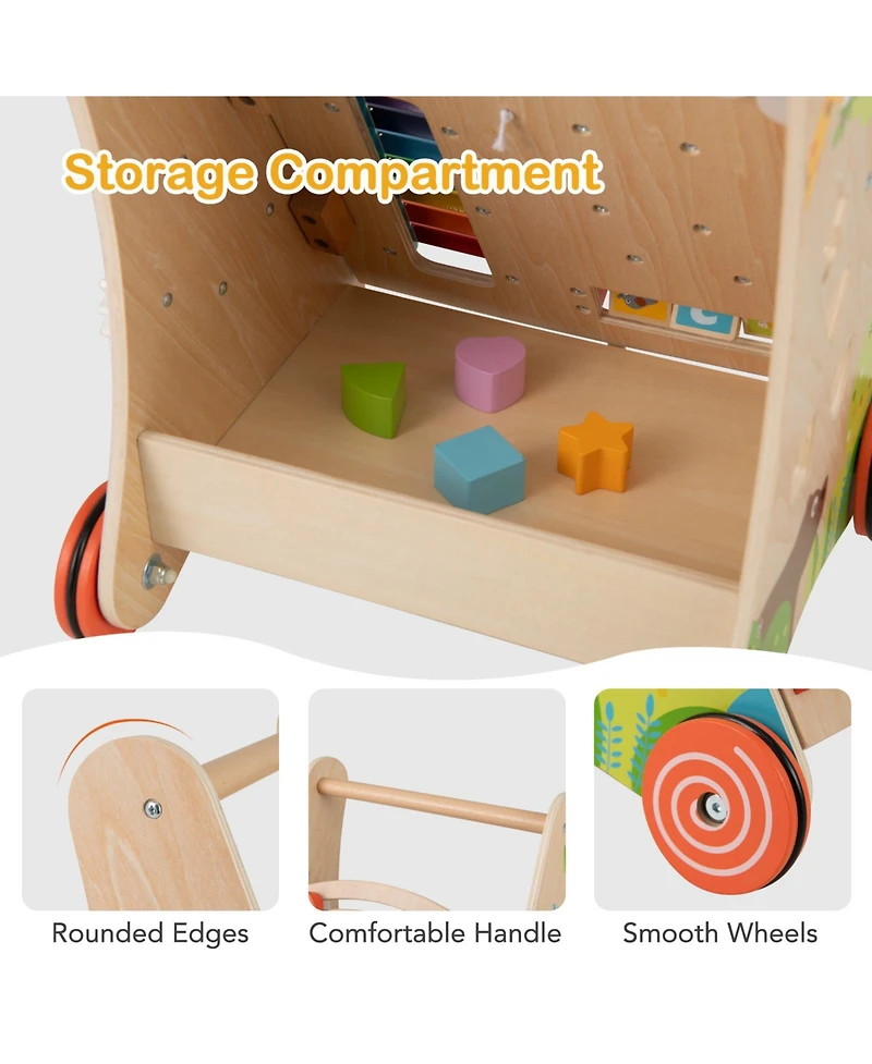 Slickblue Wooden Baby Push and Pull Walker with Storage and Sturdy Handle-Light Brown