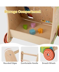 Slickblue Wooden Baby Push and Pull Walker with Storage and Sturdy Handle-Light Brown