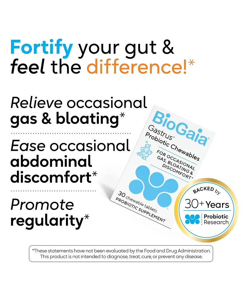 BioGaia Gastrus Gut Health Probiotic Chewables Ease Abdominal Discomfort, Gas, Bloating and Promote Regularity 30 Count