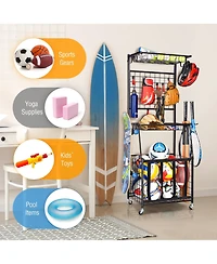 Mythinglogic Rolling Sports Equipment Organizer with Ball Bin, Hooks and Shelves