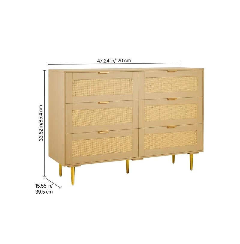 Sugift 6 Drawer Rattan Dresser Double Dresser for Bedroom Rattan Chest of Drawers with Metal