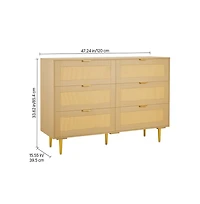 Sugift 6 Drawer Rattan Dresser Double Dresser for Bedroom Rattan Chest of Drawers with Metal