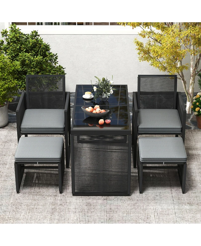 Gouun 5-Piece Outdoor Pe Rattan Patio Dining Set with Removable Cushioned Chairs and Ottomans