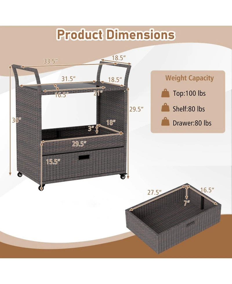 Gouun Wicker Outdoor Bar Cart with Tempered Glass Top, Drawer, and Rolling Wheels