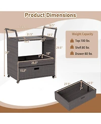 Gouun Wicker Outdoor Bar Cart with Tempered Glass Top, Drawer, and Rolling Wheels