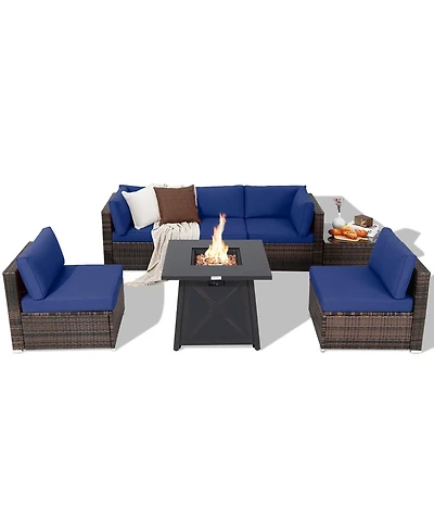 Gymax 7PCS Rattan Patio Sectional Furniture Set w/ 30'' Fire Pit Table & Cushion