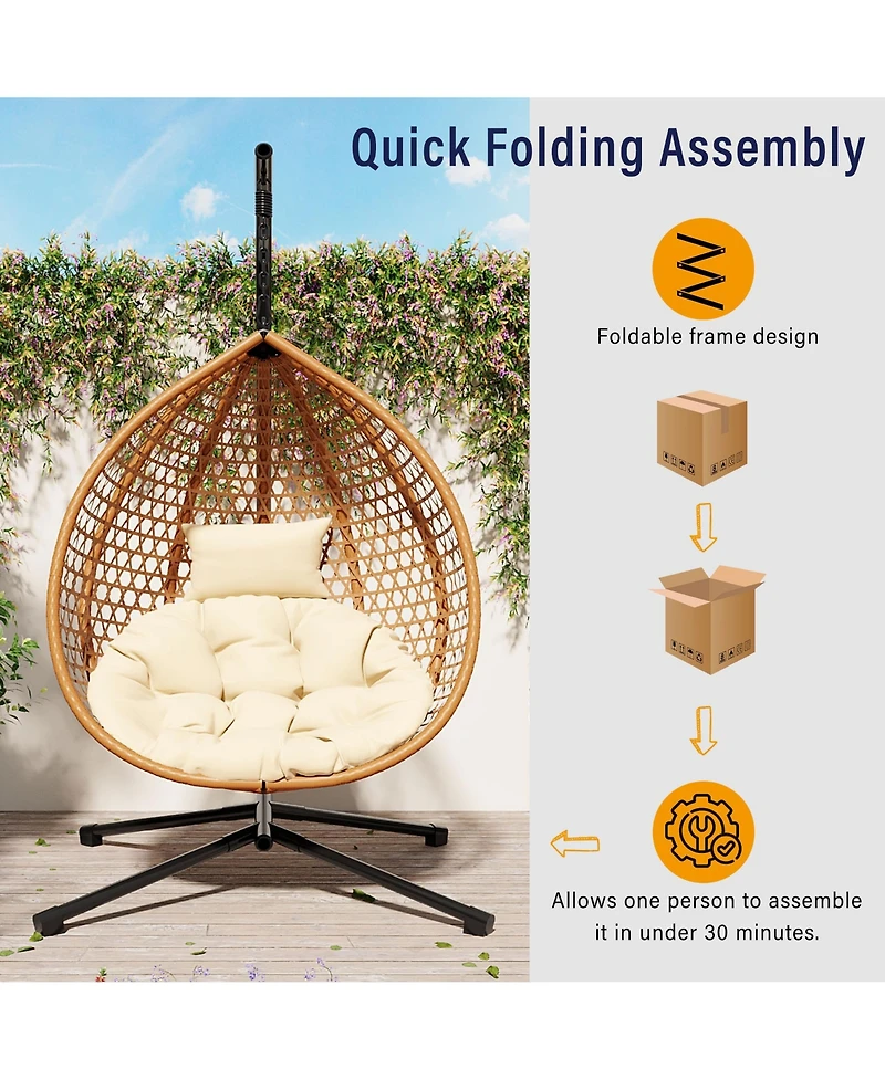 Rainsken Egg Hanging Chair, Foldable Pe Rattan Hammock Swing Chair with Soft Removable Cushion, 330 lbs Capacity for Balcony and Garden