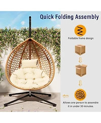 Rainsken Egg Hanging Chair, Foldable Pe Rattan Hammock Swing Chair with Soft Removable Cushion, 330 lbs Capacity for Balcony and Garden