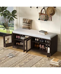 Streamdale Furniture Rustic Storage Bench with Cushion and Rattan Doors (Brown+Beige