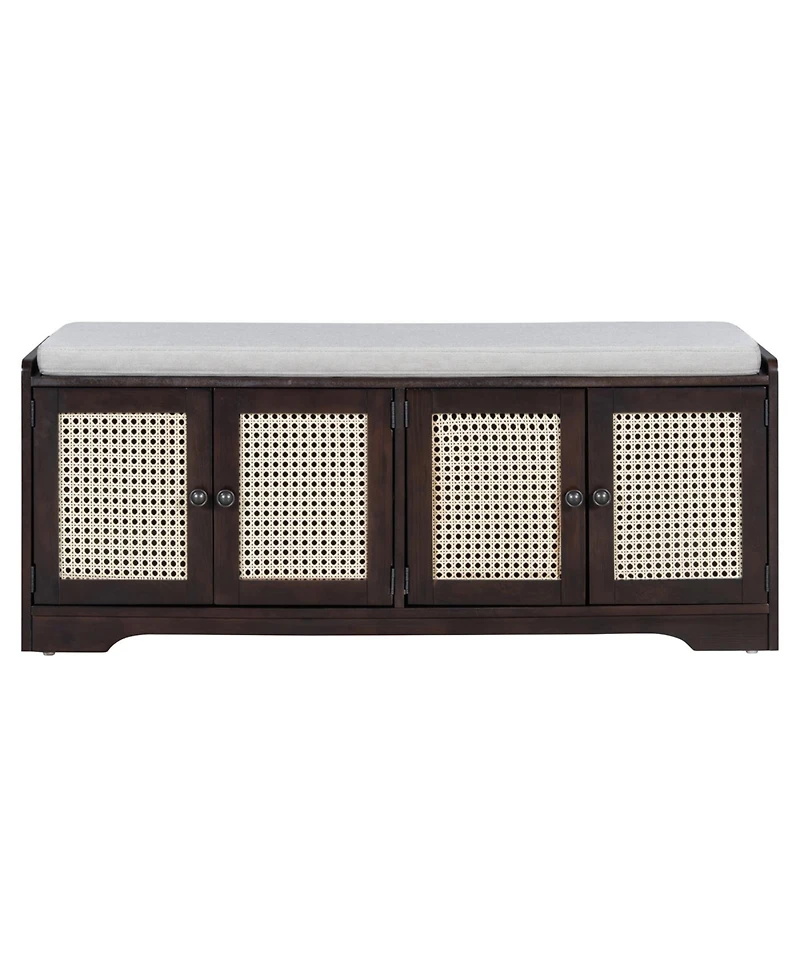 Streamdale Furniture Rustic Storage Bench with Cushion and Rattan Doors (Brown+Beige