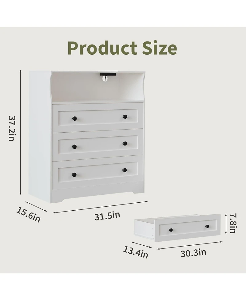 gaomon 3 Drawer Tall Dresser for Bedroom with Led Lights, Wood Dresser with Charging Station for Closet, Wooden Nightstand for Bedside
