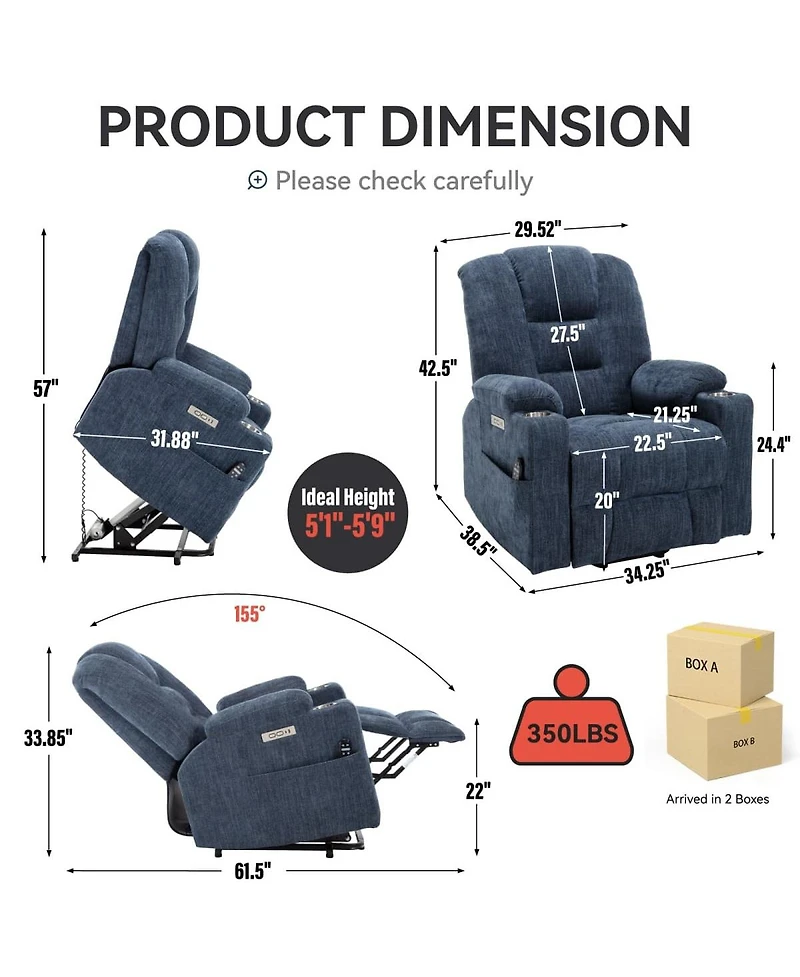 Maison Boucle Chenille Power Lift Recliner with Massage, Heat, Usb & Cup Holders, Wide Heavy-Duty Electric Chair for Seniors