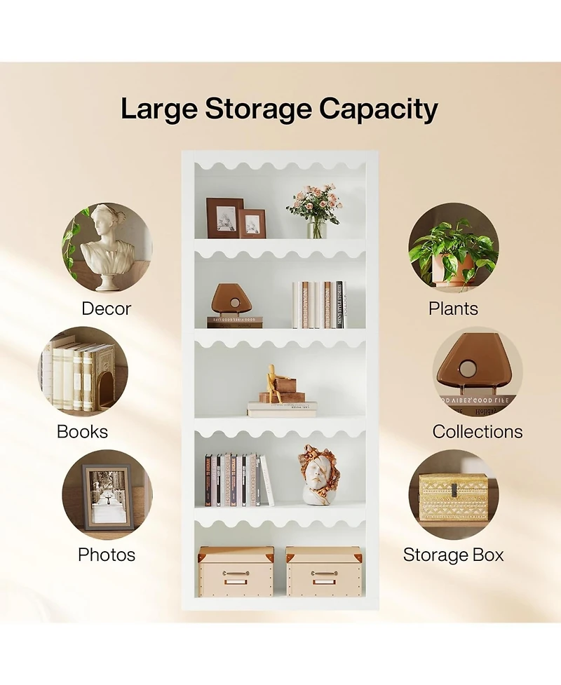 Tribesigns 5-Tier Open Bookcase, 70-Inch Tall Bookshelf with Scalloped Edges