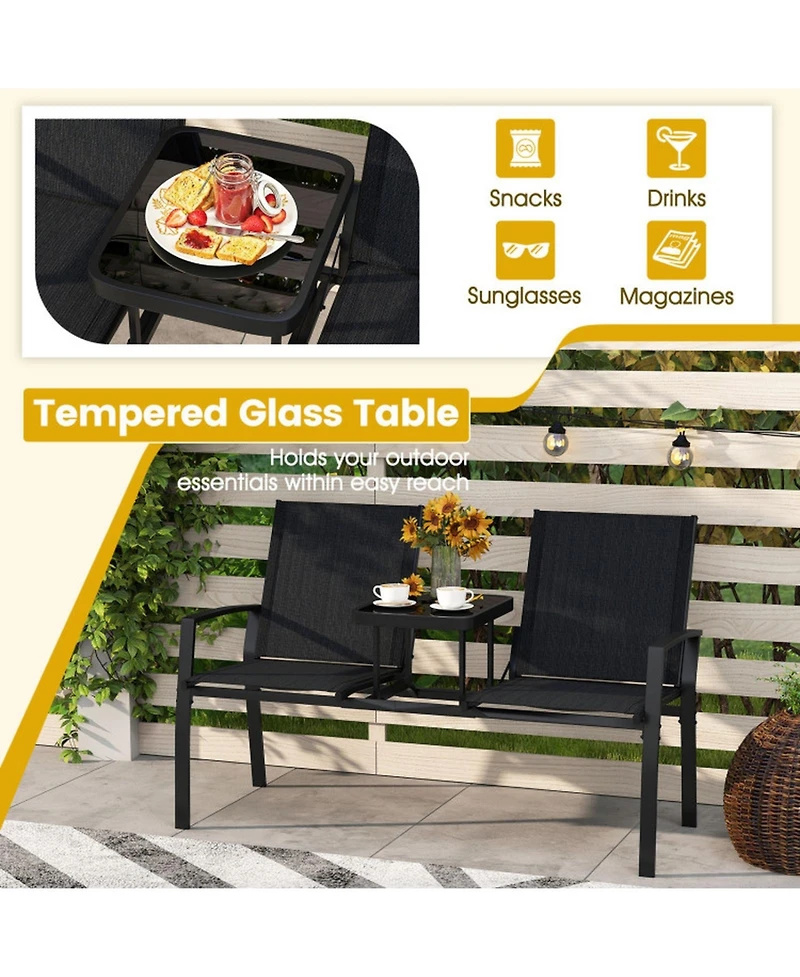 Gouun 2-Person Patio Loveseat with Built-in Tempered Glass Table
