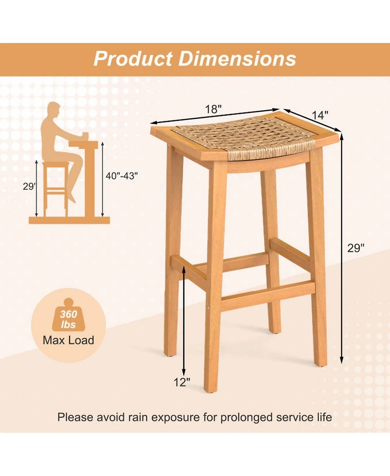 Sugift Acacia Wood Outdoor Bar Stools Set of 2 with Pe Rattan Accents